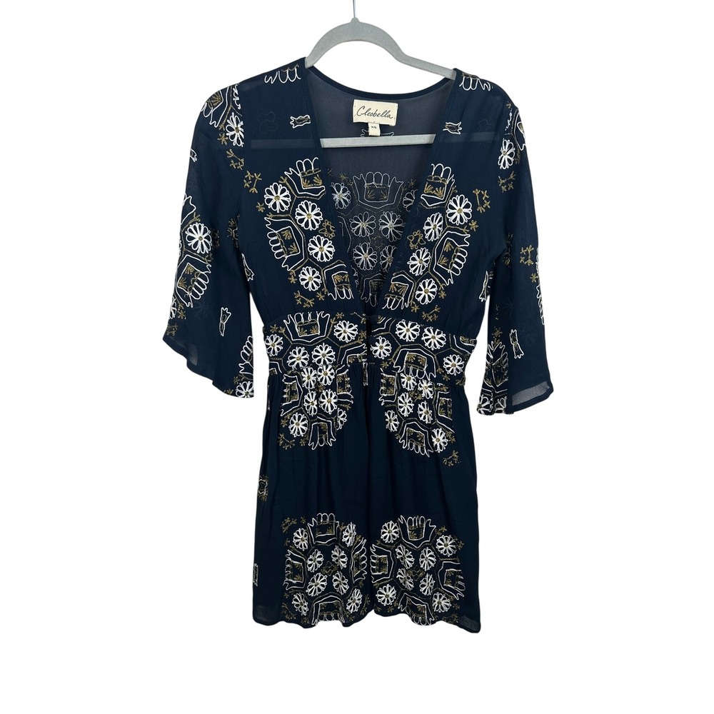 Cleobella Mini Dress Women XS Navy Blue Excellent Embroidered Boho V-Neck Short